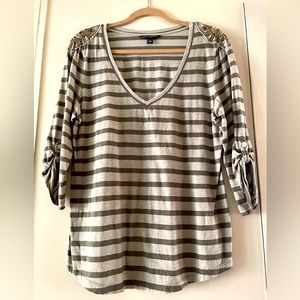 Banana Republic striped 3/4 length v-neck with embellished shoulder pads